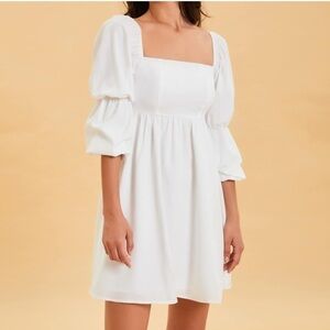 Exlura White Square Neck Puff Sleeve Mini Dress